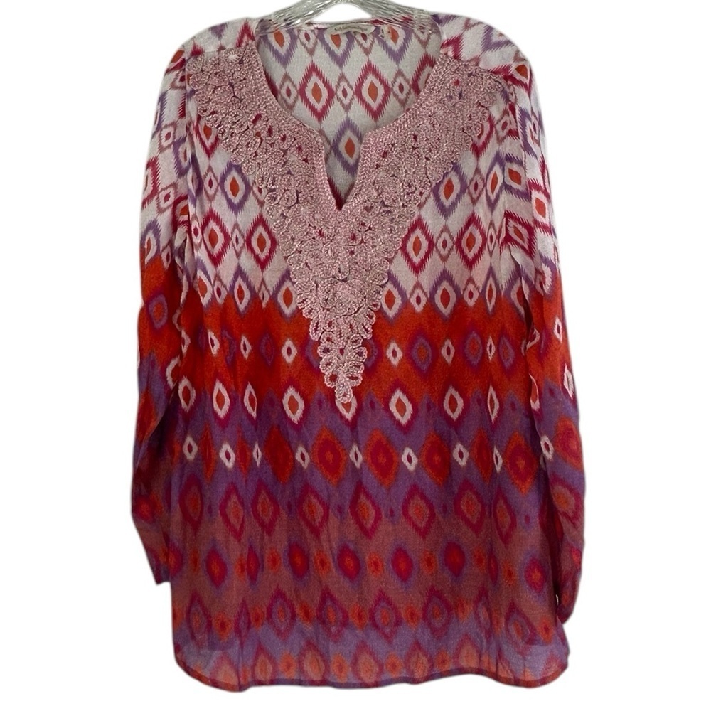 Soft Surroundings Cinnabar Red Purple Tunic Top Embroidered Ikat Boho SZ X-Large